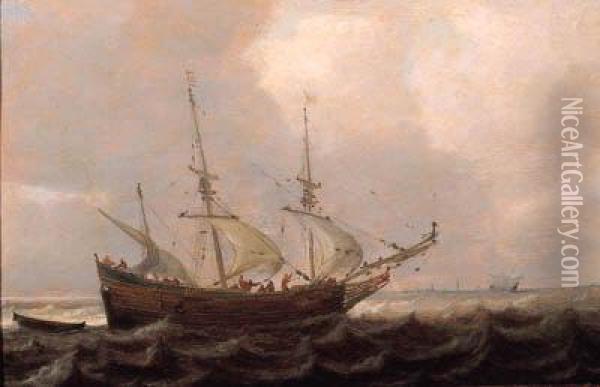 A Threemaster Offshore In A Stiff Breeze, On A Cloudy Day Oil Painting - Julius Porcellis