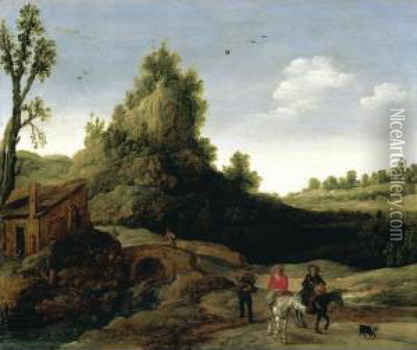 Landscape With Travellers 
Crossing A Bridge Before A Small Dwelling, Horsemen In The Foreground Oil Painting - Esaias Van De Velde