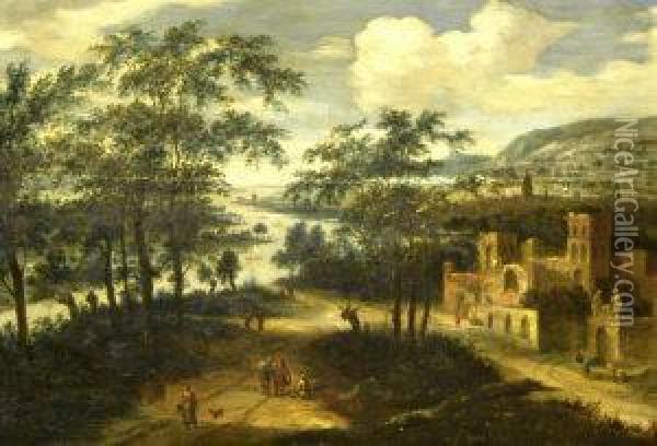 River Landscape With Figures On A Path By A Ruin Oil Painting - David Vinckboons