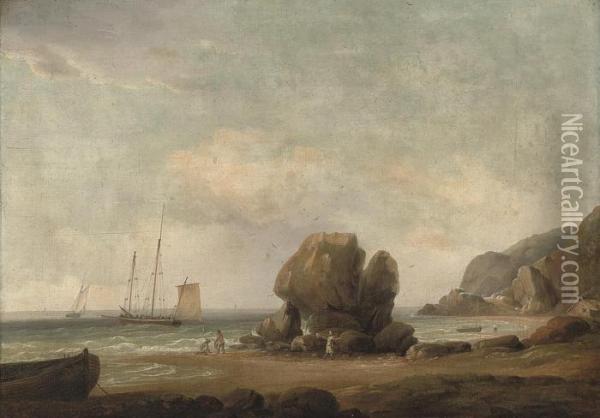 Shrimpers At Low Tide, Fishermen At Anchor Beyond Oil Painting - Thomas Whitcombe