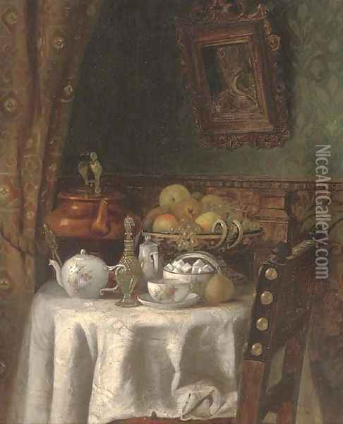 The breakfast table; and The spinning wheel Oil Painting - Continental School