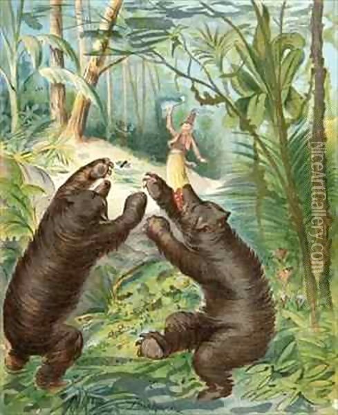 Baron Munchausen throws his silver hatchet at the bears Oil Painting - Alphonse Adolphe Bichard