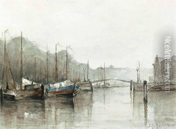 Moored Boats In Rotterdam Oil Painting - Johann Hendrik Van Mastenbroek