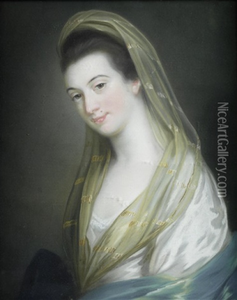 Portrait Of Lady Juliana Penn (1729-1801), Bust-length, In A White Silk Dress And A Blue Wrap Oil Painting - Katherine Read