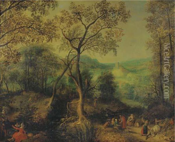 A Wooded Landscape With Peasants
 Returning From A Market And An Elegant Couple Making Merry Nearby Oil Painting - David Vinckboons