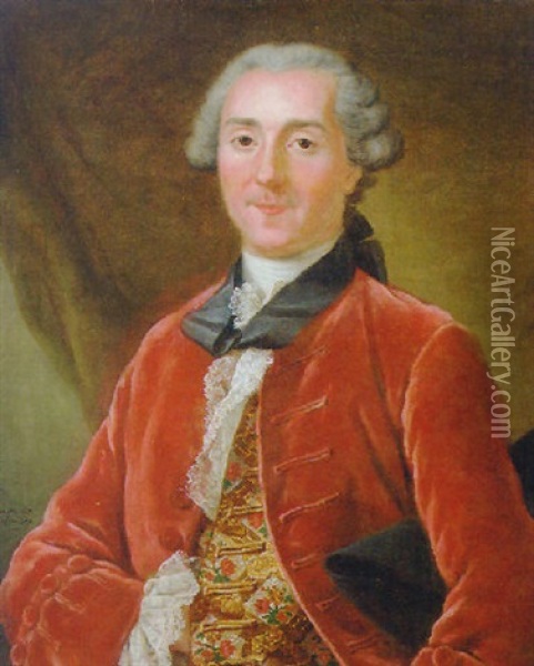 Portrait Of A Gentleman In A Burgundy Coat With An Embroidered Waistcoat And A Lace Cravat, Holding A Tricorn Oil Painting - Donat Nonotte