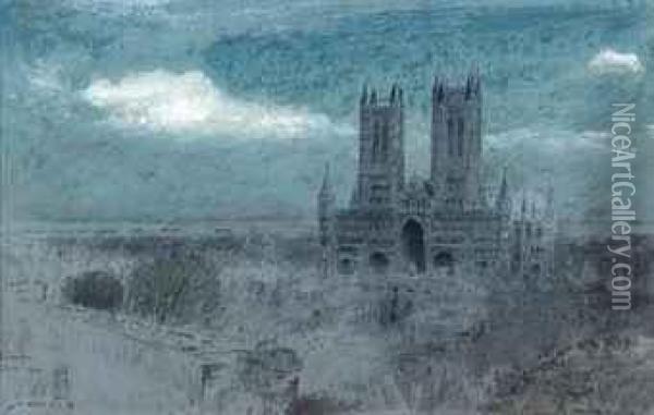 Lincoln Cathedral In The Evening Light Oil Painting - Albert Goodwin