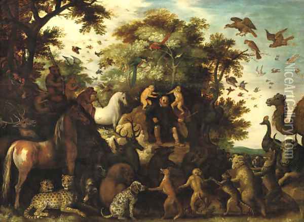 Aesopus and the animals in a landscape Oil Painting - Roelandt Jacobsz Savery