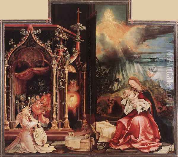 Concert of Angels and Nativity c. 1515 Oil Painting - Matthias Grunewald (Mathis Gothardt)
