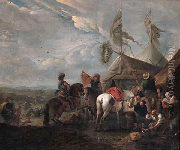 Heralds halting at a blacksmith's near an encampment Oil Painting - Philips Wouwerman