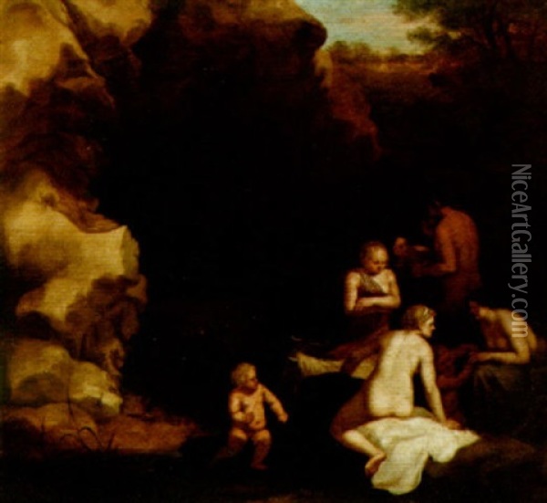 Nymphs, Putti And Satyr With Cattle Near The Entrance Of A Grotto Oil Painting - Johan van Haensbergen