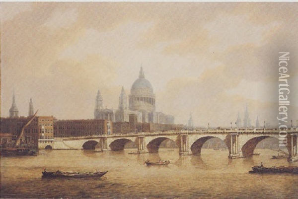 View Of St Paul's Cathedral And Blackfriars Bridge From The Thames Oil Painting - Thomas Luny