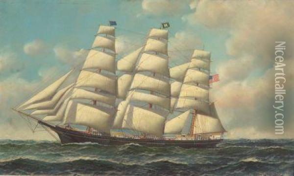Portrait Of An American Ship. Oil Painting - Antonio Nicolo Gasparo Jacobsen