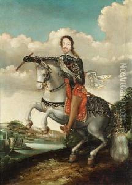An Equestrian Portrait Of A Gentleman, Holding A Baton, A View To A Landscape Beyond Oil Painting - Claude Deruet