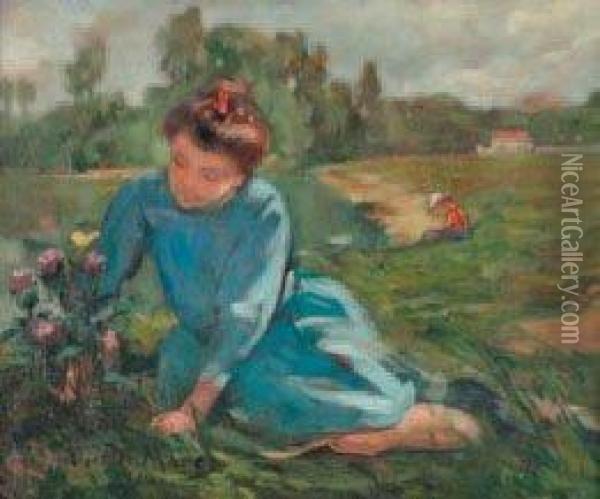 Jeune Femme Cueillant Des Fleurs Oil Painting - Victor Marec