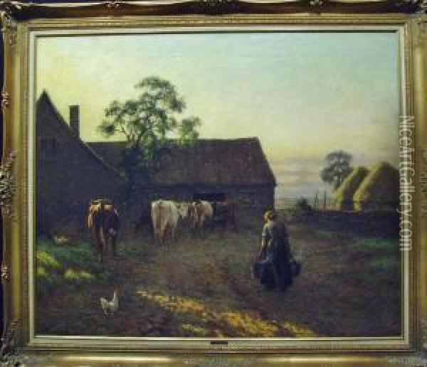 Melkzeit Am Bauernhof Oil Painting - Joseph Dixon Clark