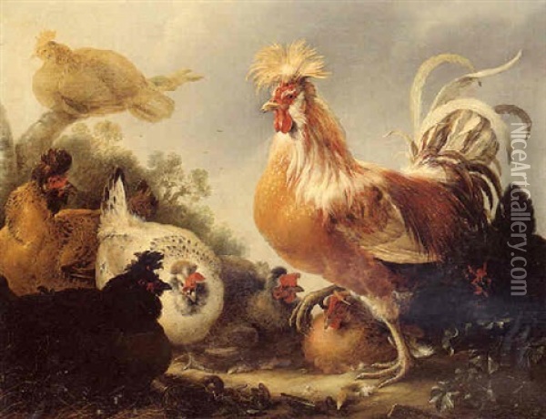 A Cockerel And Hens Oil Painting - Gysbert Gillisz de Hondecoeter