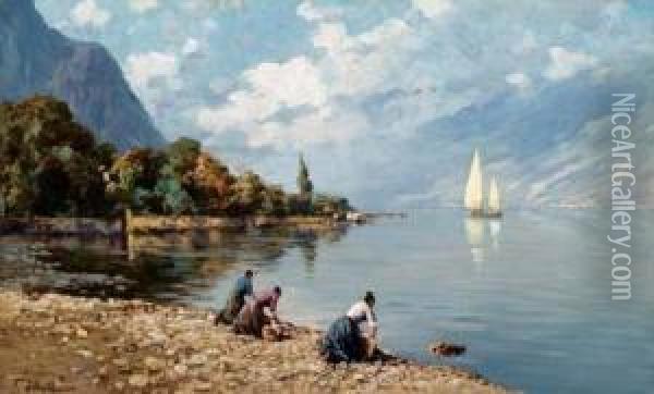 Lavandaie Sul Lago Di Garda Oil Painting - Ferdinando Silvani