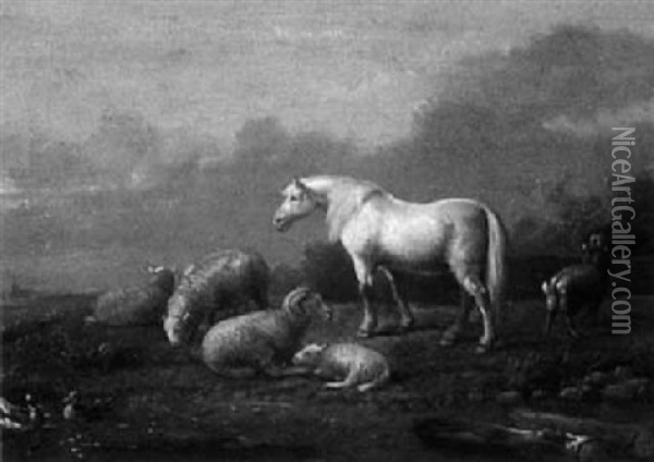 Ruhende Schaftherde Mit Pferd Und Ziege Oil Painting - Cornelis van Leemputten