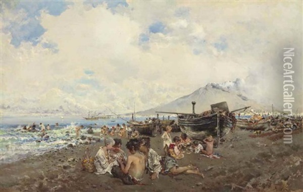 Children Playing Cards On A Beach, The Bay Of Naples And Vesuvius Beyond Oil Painting - Baldomero Galofre Gimenez