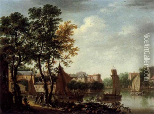 Stadt An Einem Flus Mit Booten Und Figuren Oil Painting - Pieter Angillis