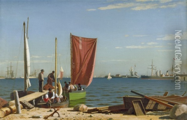 Boote Und Schiffe Mit Fischern An Einem Sonnigen Tag Im Hafen Oil Painting - Christian Frederic Eckardt