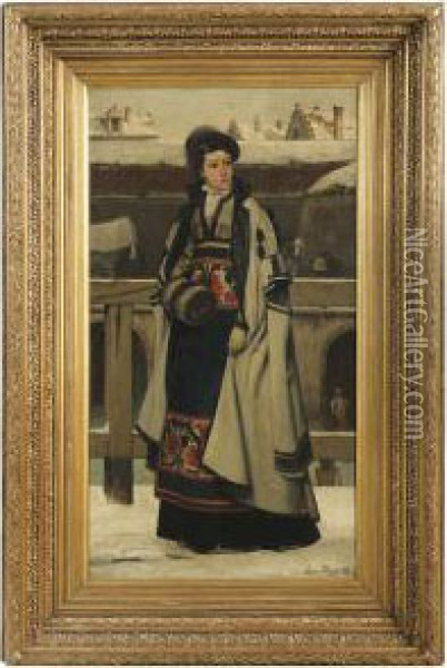 Vrouw In 16de Eeuwse Klederdracht,staande Bij Antwerpse Stadswallen In De Winter Oil Painting - Frans Vinck
