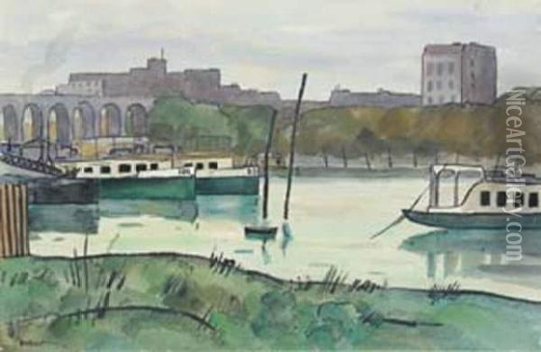 Bateau, Riviere Et Viaduc Oil Painting - Louis Robert Antral