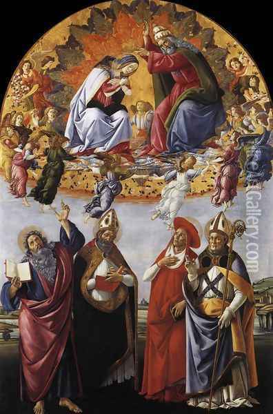 Coronation of the Virgin with St. John the Evangelist, St. Augustine, St. Jerome, and St. Eligio Oil Painting - Sandro Botticelli