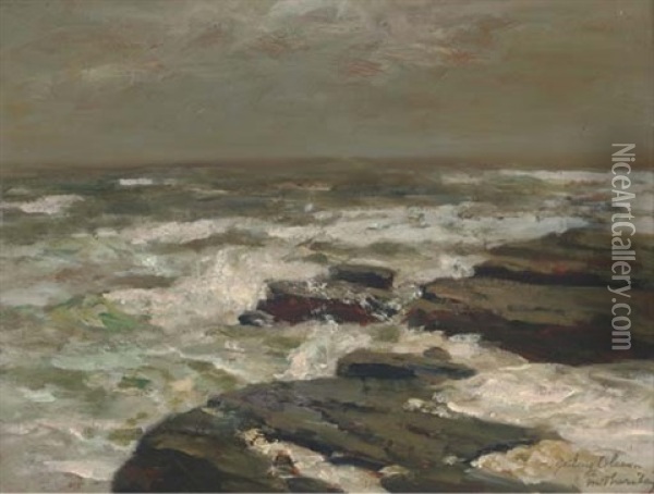 Waves Off Filey Brigg, North Yorkshire Oil Painting - Julius Olsson