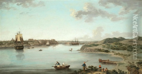 Port Mahon, Minorca, With Figures Fishing In The Foreground Oil Painting - George Webster