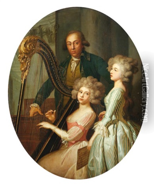 Group Portrait With A Lady Playing The Harp, Another Singing, And A Gentleman, Probably The Instructor, In An Architectural Interior Oil Painting - Marie-Victoire Lemoine