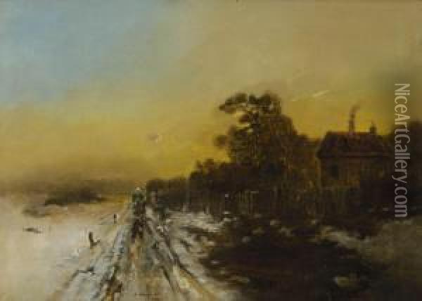 Winterliche Dorfstrase. Oil Painting - Anton Windmaier