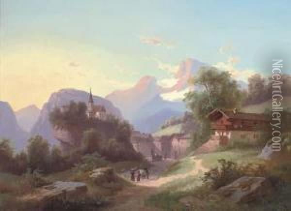Travellers At An Alpine Hamlet Oil Painting - Gustav Barbarini