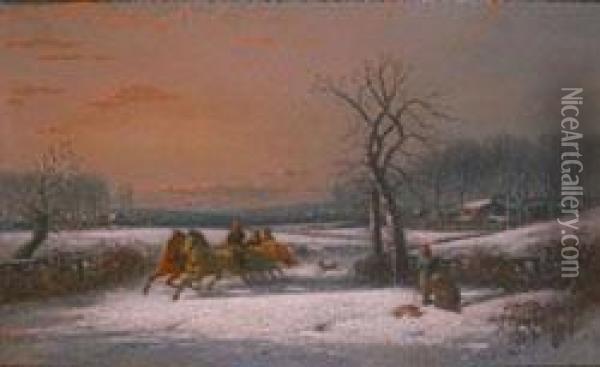 A Winter's Scene With Horses And Sled Oil Painting - George Washington Nicholson