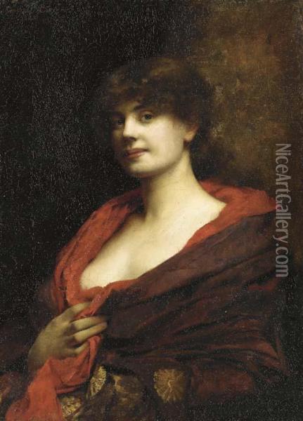 An Elegant Lady With A Red Shawl Oil Painting - Gustave Claude Etienne Courtois