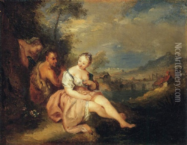A Satyr With Two Nymphs By A River Oil Painting - Jean-Baptiste Pater
