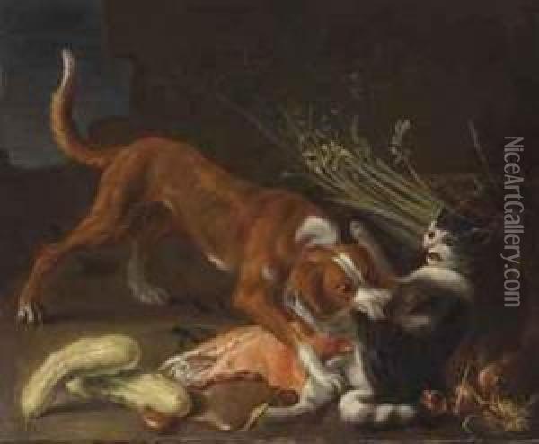 A Dog And A Cat Fighting Over A Basket Of Meat Oil Painting - Pieter Van Boucle