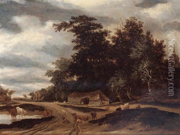 Cows And Sheep On A Wooded Path, A Barn Beyond Oil Painting - Jacob Salomonsz van Ruysdael