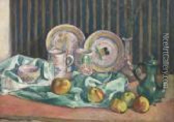 Nature Morte Aux Pommes Et Compotiers Oil Painting - Emile Bernard