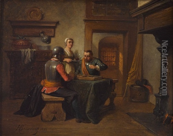 Niederlandische Stube Mit Zwei Soldaten Beim Wurfelspiel Oil Painting - Hendricus Johannes Scheeres
