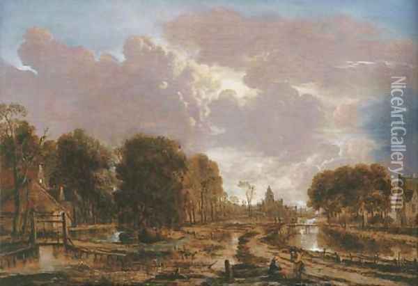 A wooded landscape with peasants conversing on a road by a canal, a cottage to the left, a town beyond Oil Painting - Aert van der Neer