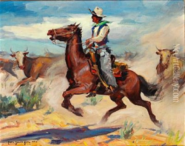 A Cowboy On His Horse In A Herd Of Cattle Oil Painting - Carl Oscar Borg