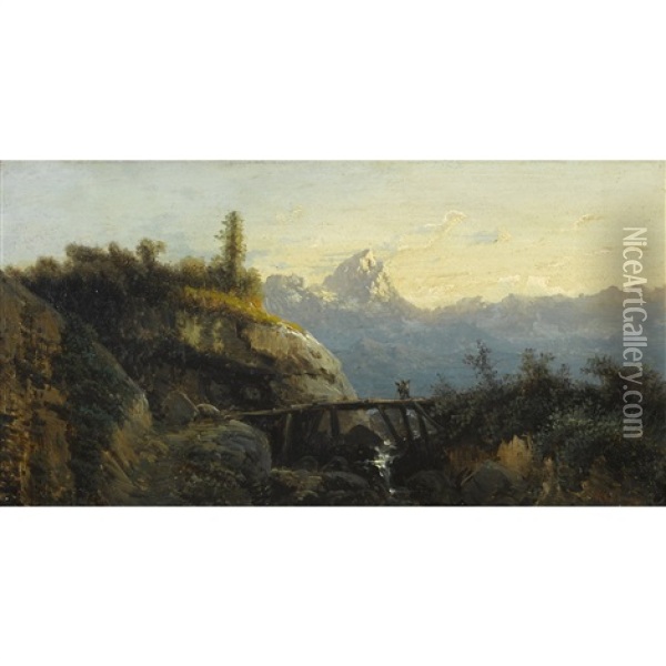 Berglandschaft Mit Brucke Und Bauern Oil Painting - Alexandre Calame