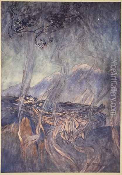 The sleep of Brunnhilde, illustration from The Rhinegold and the Valkyrie, 1910 Oil Painting - Arthur Rackham
