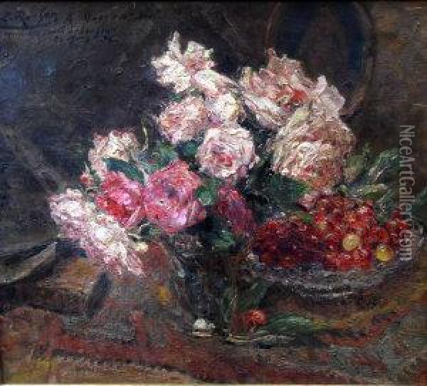 Still-life Of Flowers And Fruit On A Table Oil Painting - Ernest Rocher