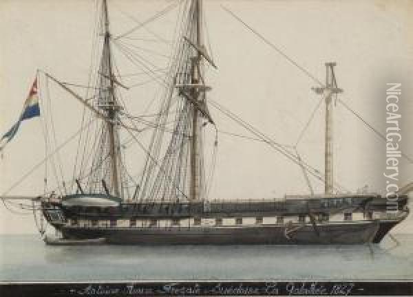 The Swedish Frigate La Galithee 1827 Oil Painting - Joseph Roux