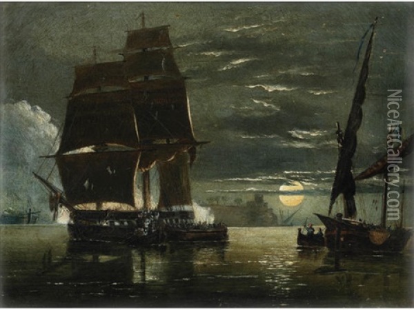 Riff Pirates Attacking A Spanish Ship By Night In A Calm Oil Painting - Richard Principal Leitch