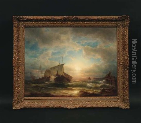 Sonnenuntergang Uber Sturmischer See. Die Letzten Fischerboote Kehren Heim Oil Painting - Johann Baptist Weiss