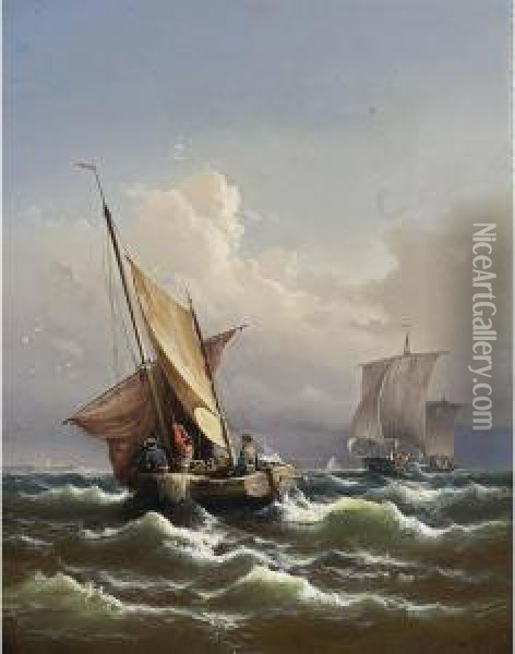 Sailing Vessels On A Rough Sea Oil Painting - Eduard Schmidt